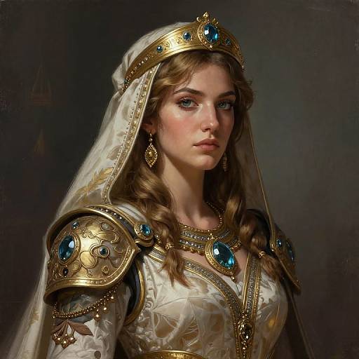 Digital painting of a fair-skinned, blue-eyed woman with wavy blonde hair, wearing a golden, blue-embellished crown, veil,