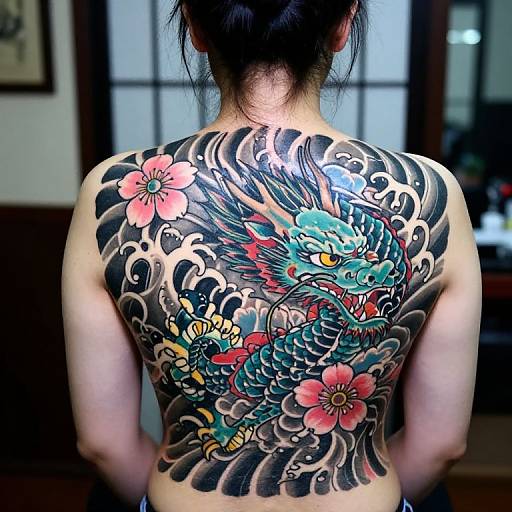 Photograph of a Japanese man with black hair, back-facing, showcasing a vibrant, intricate dragon and cherry blossom tattoo across his back.