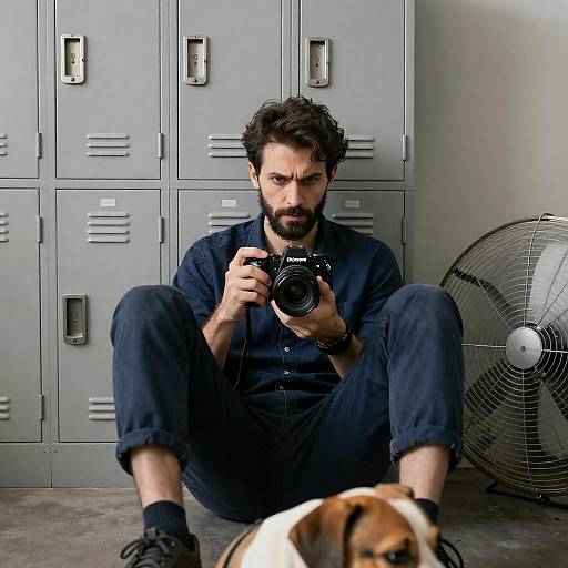 Man with Camera Sitting by Lockers