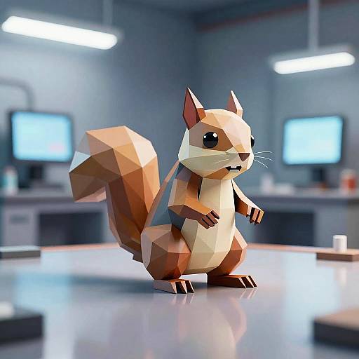 Photograph of a geometric, polygonal, 3D paper-craft squirrel standing on a shiny, reflective desk in a modern, blurred office with