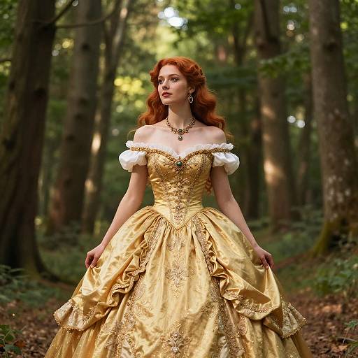 Photograph of a red-haired woman in a golden, off-shoulder, ornate ball gown with white puffed sleeves, standing in a sun