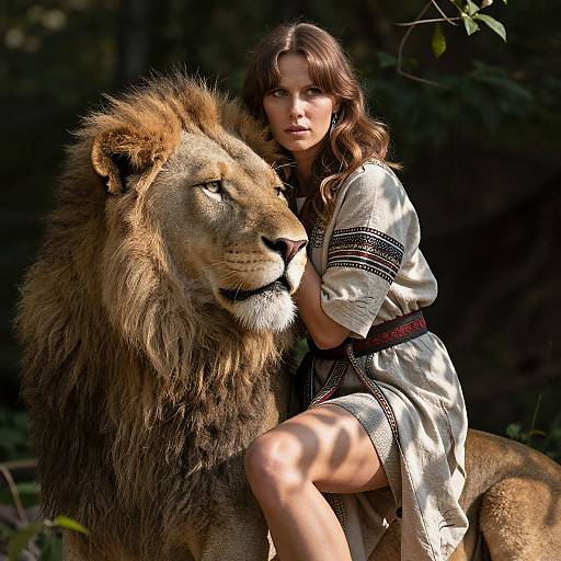 Photograph of a young woman with long brown hair, wearing a white, embroidered dress, sitting beside a large, majestic lion in a forest. Sun