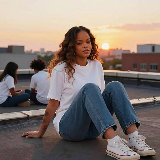 Photograph of a young Black woman with curly hair, wearing a white t-shirt, blue jeans, and white sneakers, sitting on a rooftop at sunset