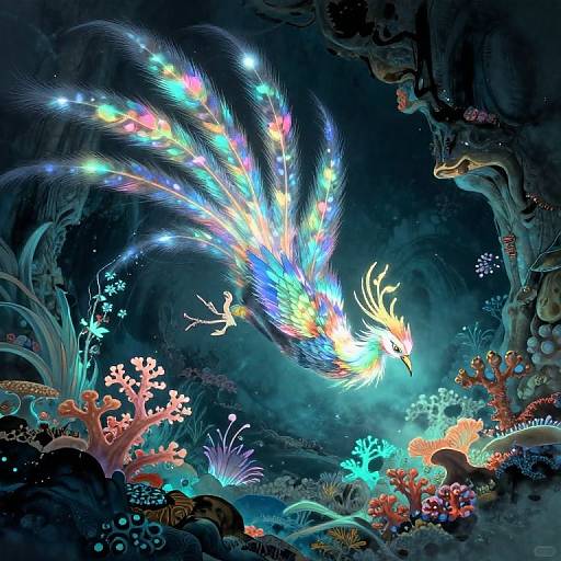 Digital art: Vibrant, ethereal dragon with glowing, rainbow feathers descends through a dark, colorful coral reef, surrounded by bioluminescent