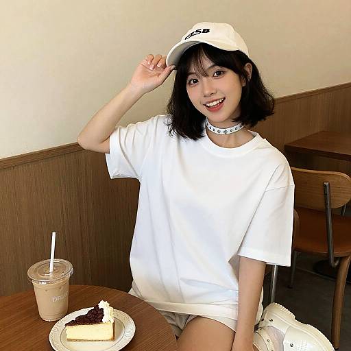 Asian woman in white cap, shirt, and choker, smiling at camera, seated in café, holding cap, iced coffee, slice of cake
