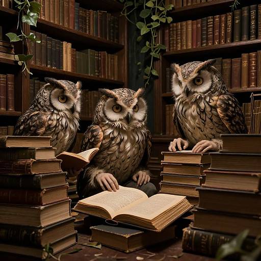 Photorealistic digital art: Three owls with detailed feathers, perched on stacked books in a dimly lit library, examining an open book.