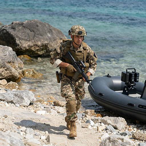 Determined Soldier on Rocky Shoreline