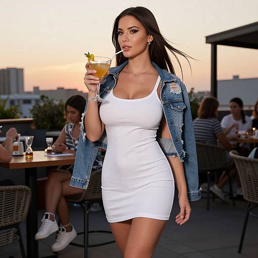 Photograph of a brunette woman in a white, form-fitting mini dress and denim jacket, holding a cocktail, standing on a rooftop terrace at sunset