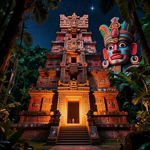 Photograph of a brightly lit, ornate Hindu temple at night, with a colorful, large mask to the right, surrounded by lush tropical foliage.