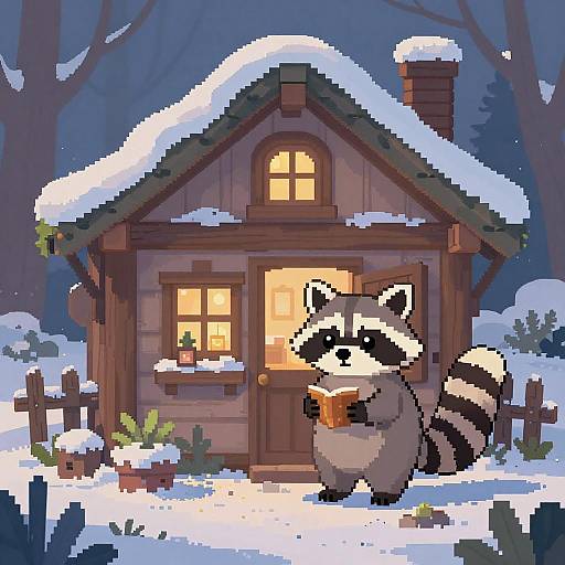 Pixel art of a raccoon holding an orange ball outside a wooden cabin with snow, glowing window, and a fence.