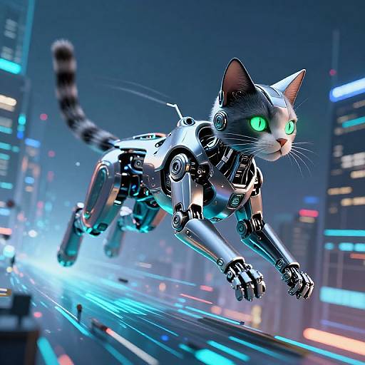 Futuristic Robot Cat in Digital Cityscape