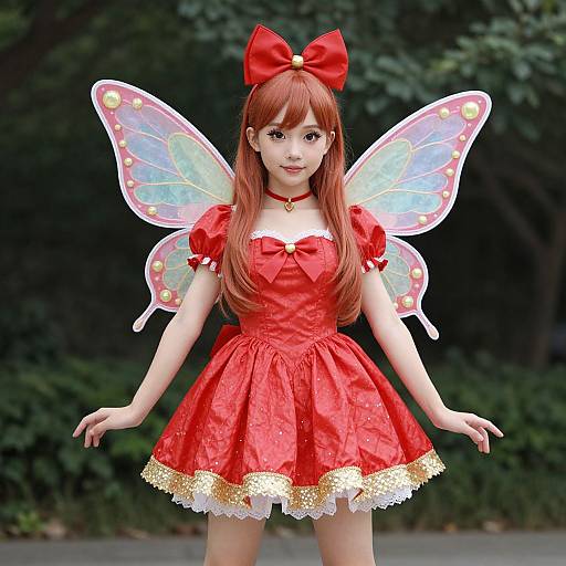 Photograph of an Asian woman in a red fairy costume with long red hair, butterfly wings, and a large red bow, standing outdoors against a dark