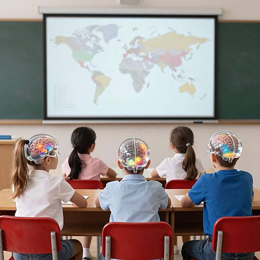 Photograph of four children with colorful, translucent helmets, facing a classroom projector displaying a world map, seated in red chairs.