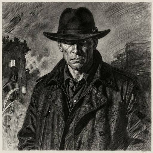 Monochromatic digital sketch of a serious man in a dark hat and leather jacket, shadowy background with indistinct buildings.