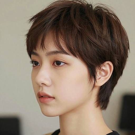 Photograph of an androgynous East Asian person with short, dark brown, slightly tousled hair, fair skin, and neutral expression, wearing