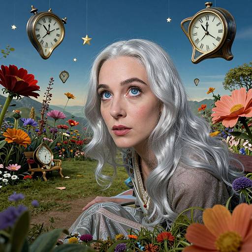 Photograph-style digital artwork of a fair-skinned woman with silver hair, blue eyes, surrounded by floating clocks, colorful flowers, and a vibrant blue