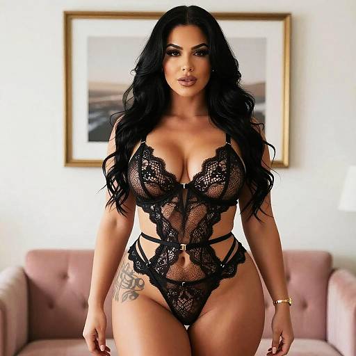 Photograph of a curvy woman with long black hair, wearing revealing black lace lingerie, standing in front of a pink couch and framed picture. She