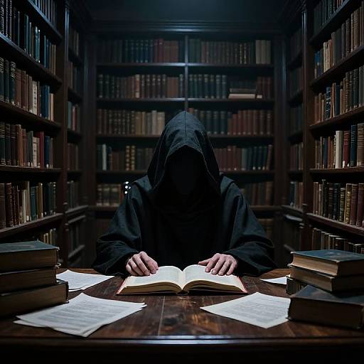 Photograph of a hooded figure in black, writing in an open book amidst scattered papers and books in a dimly lit, narrow library aisle.
