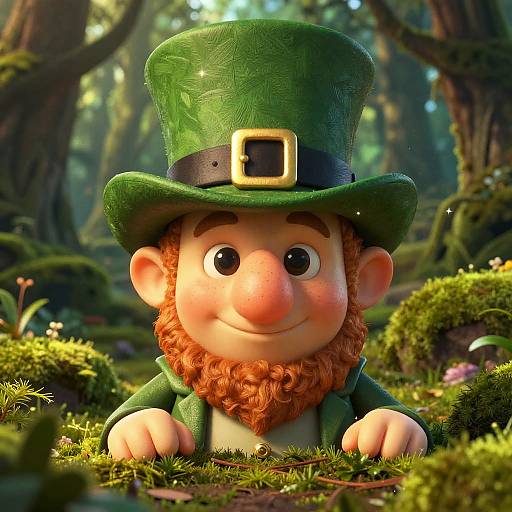 Cartoon Leprechaun Peeking in Mossy Forest
