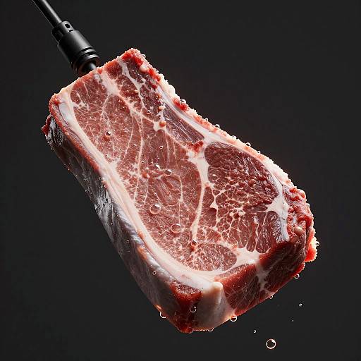 Photograph of a raw, marbled beef steak with water droplets, held by a black clamp against a dark background.