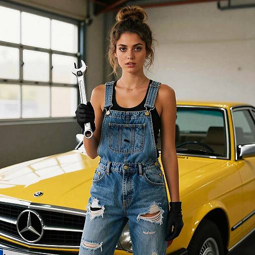 Photograph of a young woman with dark hair in a bun, wearing ripped denim overalls, black gloves, holding a wrench, standing in front of