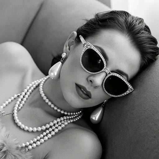 Black-and-white photograph of a woman with dark lipstick, large sunglasses, pearl necklaces, and dangling earrings, lying back with a relaxed expression.
