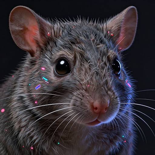 Photorealistic CGI close-up of a grey, furry rat with glowing multicolored lights on its face and whiskers, set against a dark blue