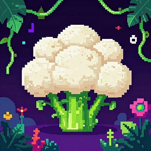 Pixel art of a large, white, fluffy mushroom with a green stem in a vibrant, night-time forest, surrounded by colorful flowers and leaves.