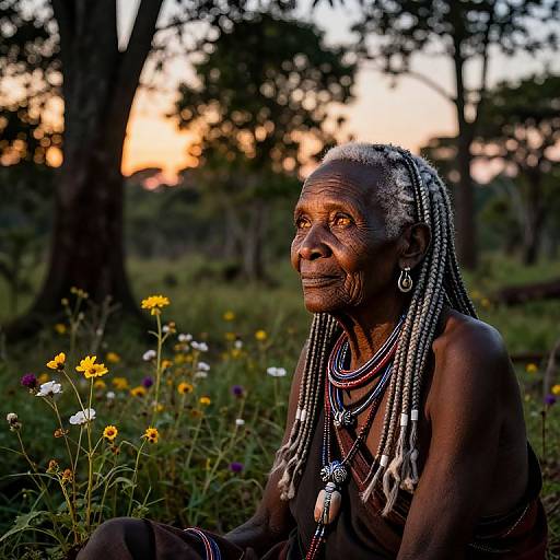 Photograph of an elderly, dark-skinned African woman with gray braids, wearing beaded necklaces, seated in a lush, colorful meadow