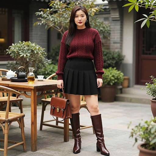 Preppy Chic Woman in Elegant Courtyard