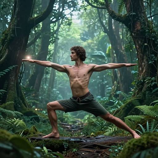Photograph of a shirtless, curly-haired man in gray shorts, performing a yoga pose in a lush, misty forest, with sunlight filtering through