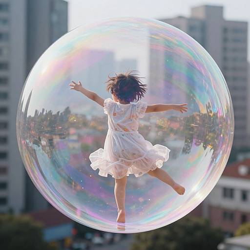 Photograph of a young girl in a white dress dancing inside a large, iridescent bubble, with cityscape and buildings in the blurred background.