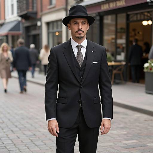 Photograph of a handsome man with olive skin and dark mustache, wearing a black suit, white shirt, polka-dot tie, and black fed