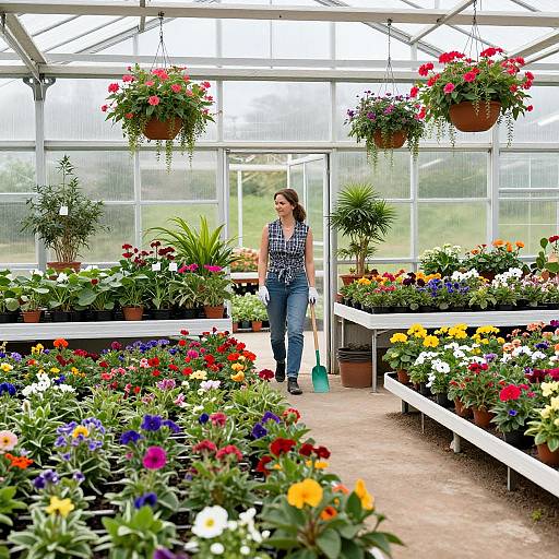 Photograph of a woman in a blue checkered shirt and jeans, standing in a brightly lit greenhouse filled with vibrant potted flowers, hanging baskets,