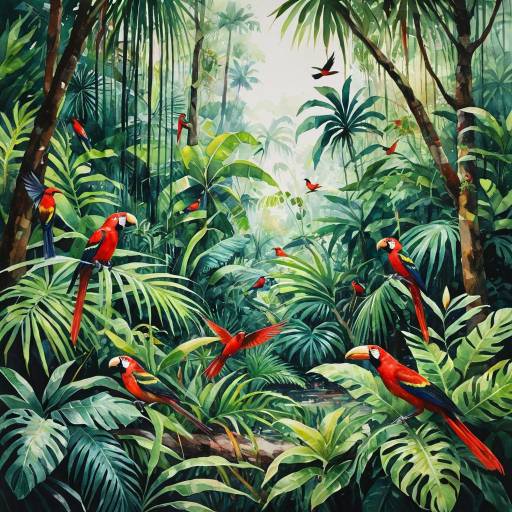 Watercolor Tropical Rainforest with Vibrant Birds Watercolor Tropical Rainforest with Vibrant Birds