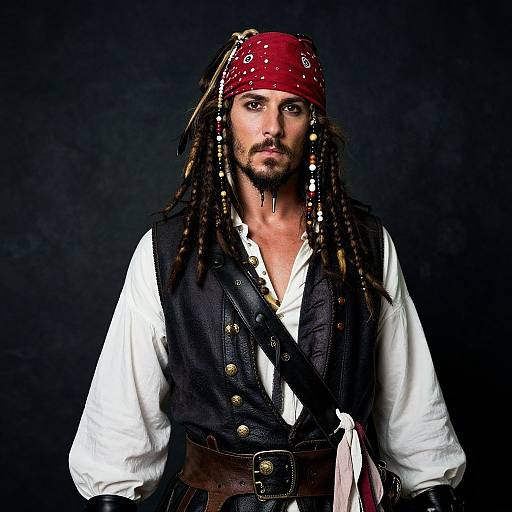 Photograph of a bearded, white man with dreadlocks, wearing a red bandana, white shirt, black vest, and brown belt, against