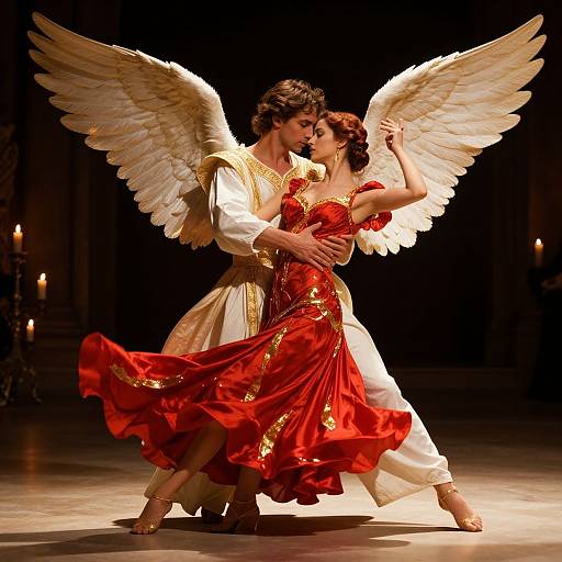 Photograph of angelic ballroom dancers; man in white, gold-trimmed tunic, woman in red, gold-embroidered dress