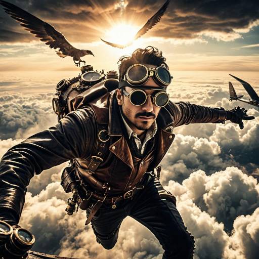 Steampunk Aviator in Flight Above Clouds