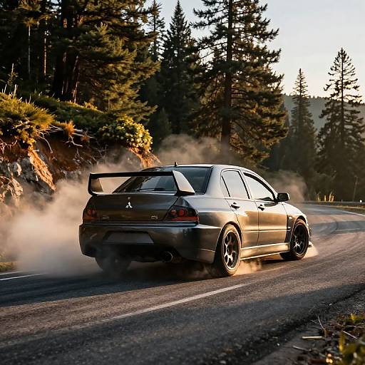 Photograph of a black Subaru Impreza with a large rear spoiler speeding on a forest road, kicking up dust, surrounded by tall pine trees at