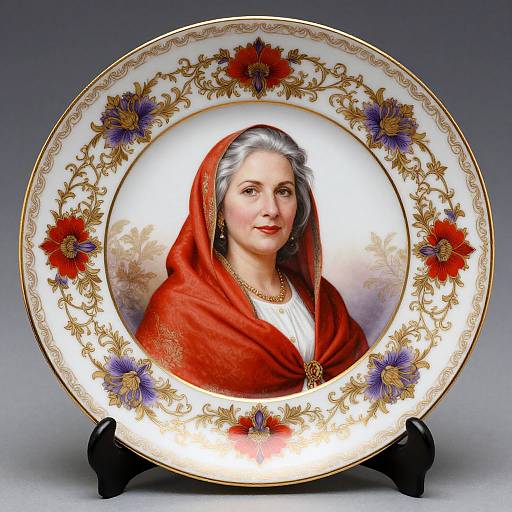 Photorealistic portrait of an elderly woman with gray hair, red headscarf, and gold necklace, framed in an ornate, floral porcelain plate