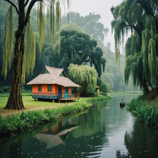 Serene Riverbank with Fishing Hut and Weeping Willows