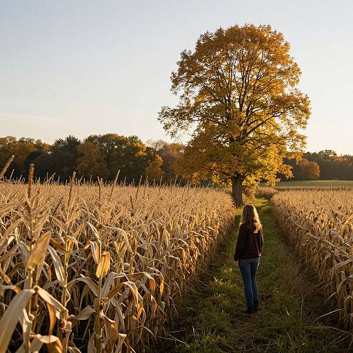 Autumn Woman in Cornfield Landscape