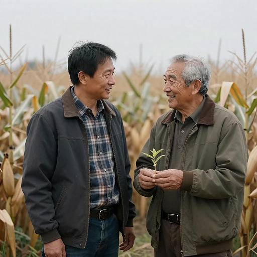 Two Men Conversing in Cornfield
