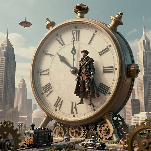 Steampunk clock tower with a standing Victorian-era man, gears, skyscrapers, flying saucer, and vintage vehicles in a detailed CGI scene