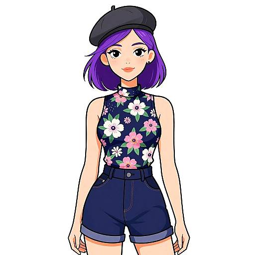 Parisian-Inspired Woman with Floral Top and Beret