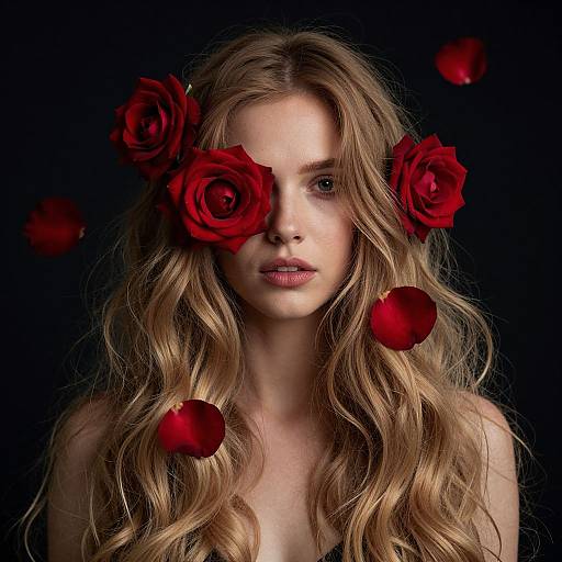 Photograph of a fair-skinned, blonde woman with long, wavy hair, adorned with red roses and floating red apples, against a black background