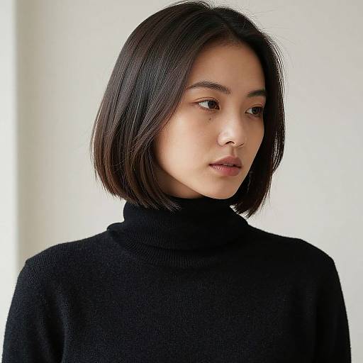 Photograph of an Asian woman with straight black bob haircut, wearing a black turtleneck, gazing slightly to the left, against a white background