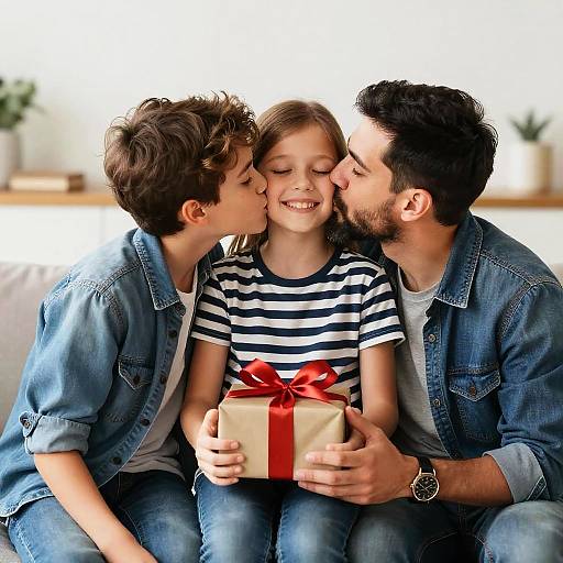 Father and Sons Kissing Girl Holding Gift