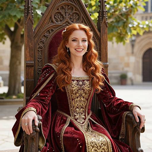 Photograph of a smiling red-haired woman with long curls, wearing an elaborate maroon and gold medieval-style gown, seated on an ornate wooden throne