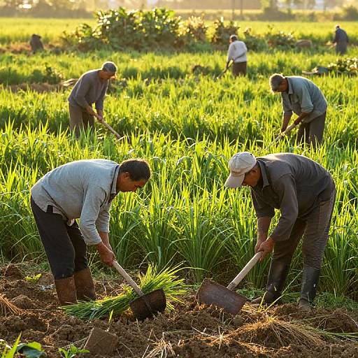 Photograph of five male farmers in a sunlit, golden-green rice field, bending over to plant and weed with hoes, wearing work clothes and